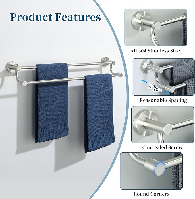 Alise Double Towel Bars,24 Inch Towel Rack for Bathroom, Wall Mount Towel Holder, Quick Drying Towel Hanger SUS304 Stainless Steel Towel Rail, Brushed Nickel, GOY4600-LS
