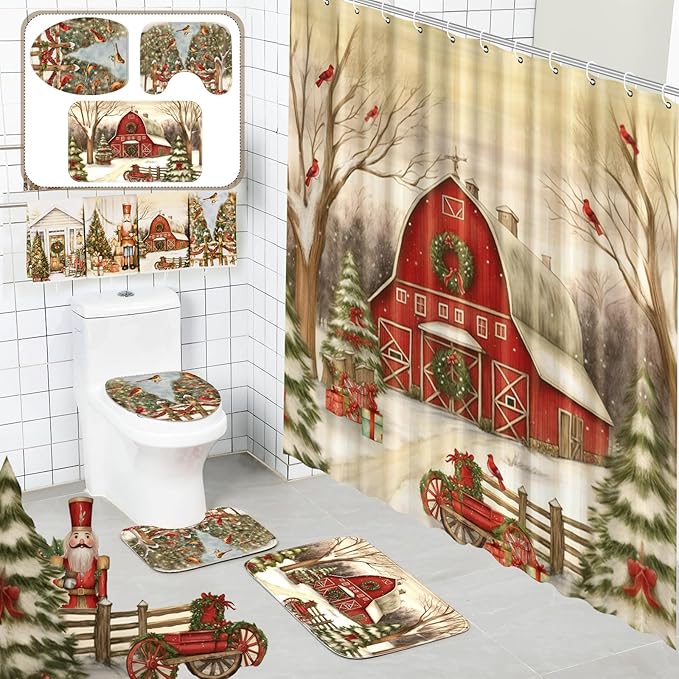 FuWeave 8 Pcs Christmas Shower Curtain Set Xmas Santa Bathroom Decoration Christmas Tree Hand Towels Snowman Toilet Lid Cover Bathroom Rugs Xmas Shower Curtain with Hooks(Farmhouse Style)