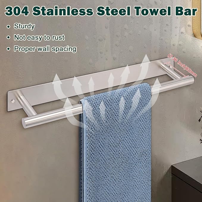 Self Adhesive Towel Bar, 16 Inch Round Towel Racks for Bathroom Wall Mounted SUS304 Stainless Steel Towel Hanger for Kitchen, No Drill or Screw-Mounted Towel Holder (Brushed Nickel)