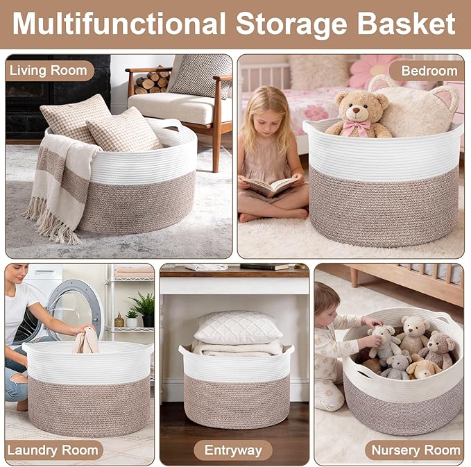90L Extra Large Blanket Basket for Living Room - Cotton Rope Laundry Hamper Woven Baskets XXL Storage Bin with Handles for Dirty Clothes, Kids, Pets, Toys, Bedroom, 23'' x 23'' x 13'', White & Brown