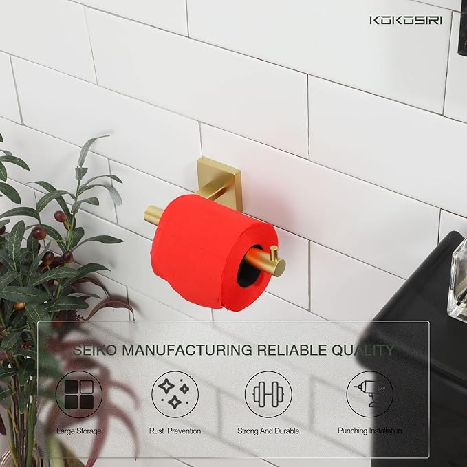 KOKOSIRI 12-Inch Bathroom Shelves Glass Floating Shelf Toilet Roll Holder Toilet Paper Holder Stainless Steel Brushed Gold B1105BG-L12+B2005BG