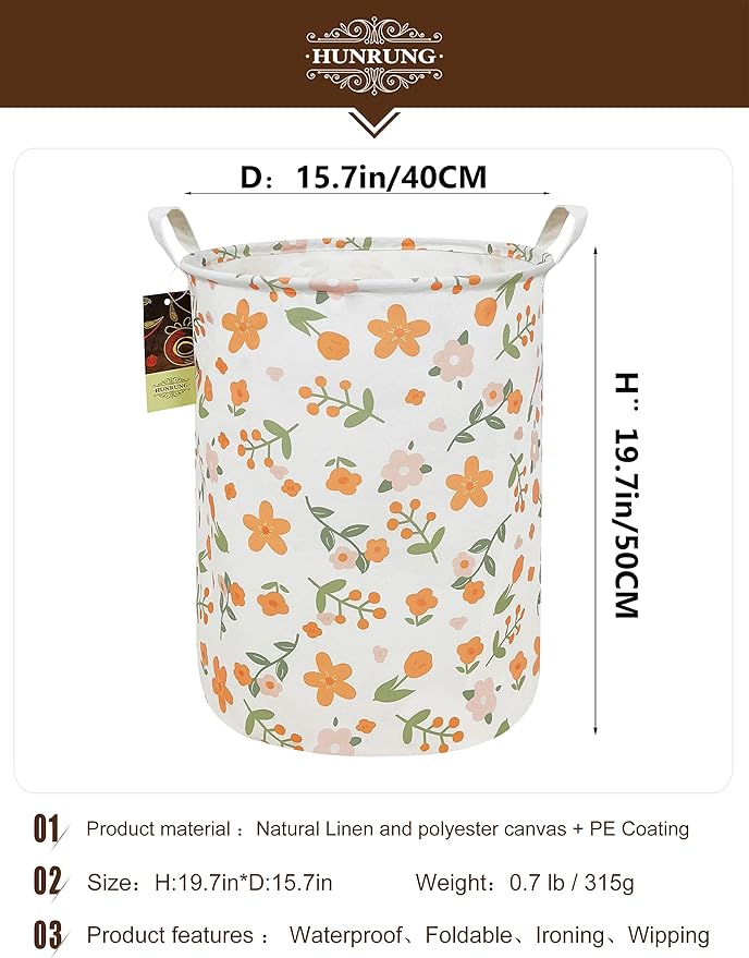 HUNRUNG Laundry Hamper,Large Canvas Fabric Lightweight Storage Basket Toy Organizer Dirty Clothes Collapsible Waterproof for College Dorms???Round-Orange Flower???