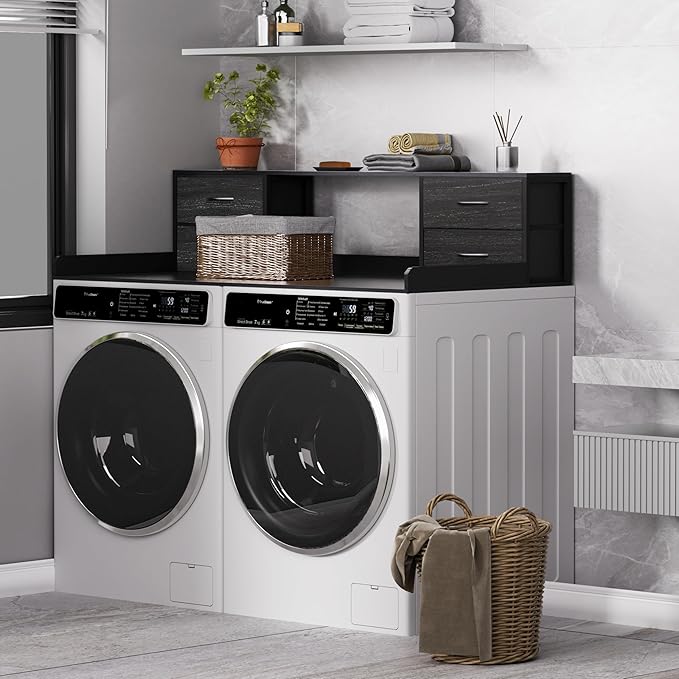 Unionly Washer and Dryer Countertop, 27.5“ D x 53.9“ W x 12.9“ H Solid Wood Washer and Dryer Countertop with Organizer Shelves with Four Drawers for Laundry Room Organization (Black)