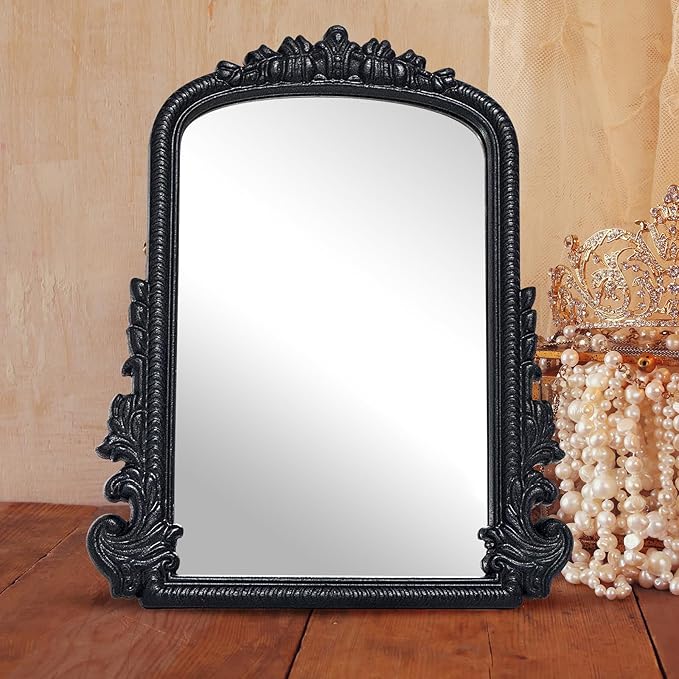 Vintage Vanity Makeup Mirror, Black Arched Tabletop Mirror for Makeup and Room Decor, Antique Decorative Standing Mirror with Carved Frame, Desk Mirror for Bedroom, Living Room, Dresser 11.8"x9.6"
