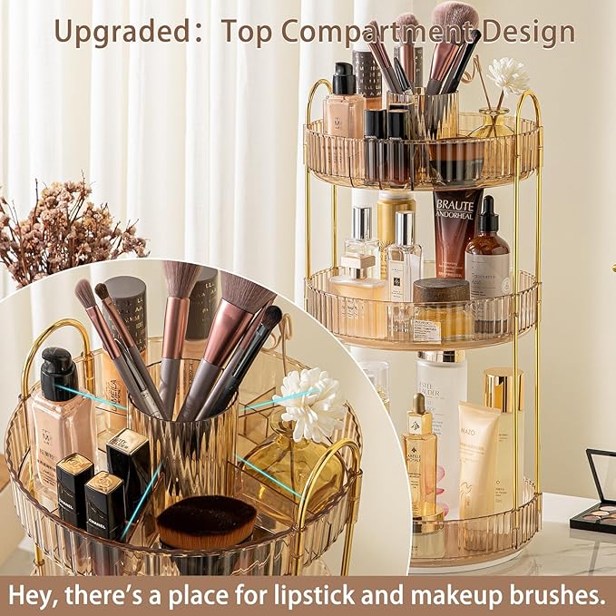 shuang qing Rotating Makeup Organizer for Vanity, High-Capacity Skincare Clear Make Up Storage Perfume Organizers Cosmetic Dresser Organizer Countertop 360 Spinning (Gold, New-3 Tier)