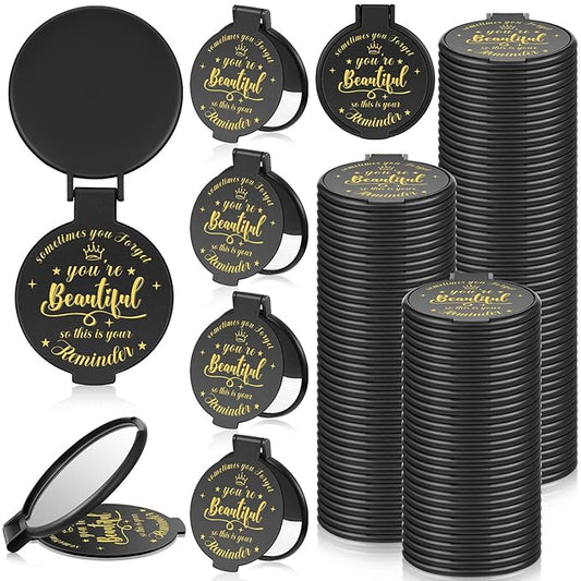 100 Pcs 2.76 Inch Inspirational Compact Mirror Bulk Women Small Gifts Graduation Party Favors Purse Mirror Pocket Mini Stuffer Items for Adult Coworker Cheerleader Employee (Black)