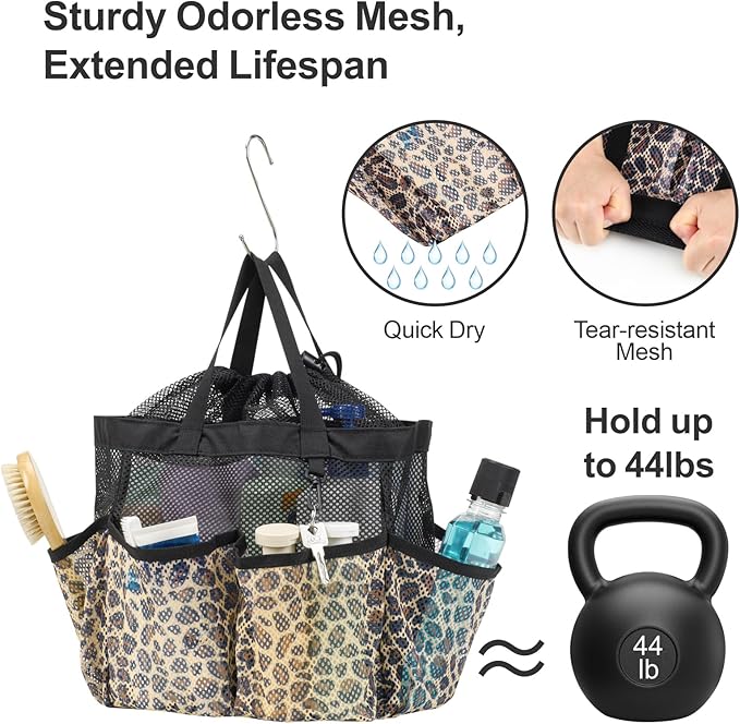 F-color Mesh Shower Caddy Portable with Drawstring - Large 8 Pockets Dorm Room Essentials for Guys Girls with S Hook, Shower Bag Basket Tote for College Camping Gym Travel Toiletry Bathroom, Leopard