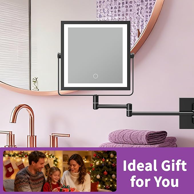 Wall Mounted Lighted Makeup Mirror, Rechargeable Double-Sided 1X/10X Magnifying Mirror with Light, Touch Dimmable 3 Color Lights, 360° Rotation Extendable Arm (Matte Black)