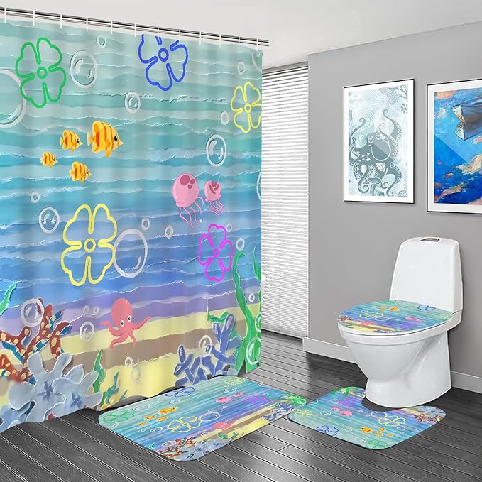 Yizheer 4Pcs Cute Beach Ocean Shower Curtain Sets, Cartoon Ocean Theme Bathroom Curtain with Rugs, Toilet Lid Cover and Bath Mat