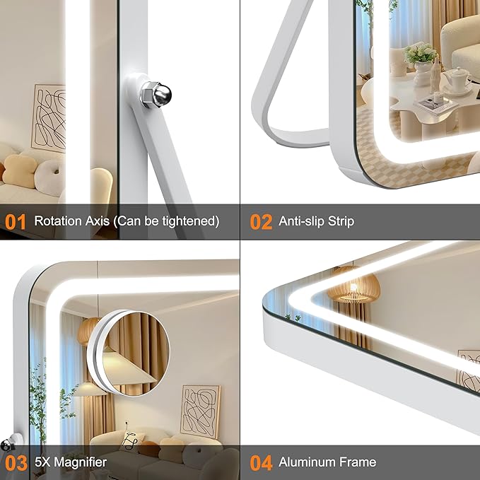 Hasipu Vanity Mirror with Lights, 15" x 11" LED Makeup Mirror, 3 Modes Light, Smart Touch Control Dimmable, 360°Rotation, Rectangle White Frame, with 5X Magnifying Glass