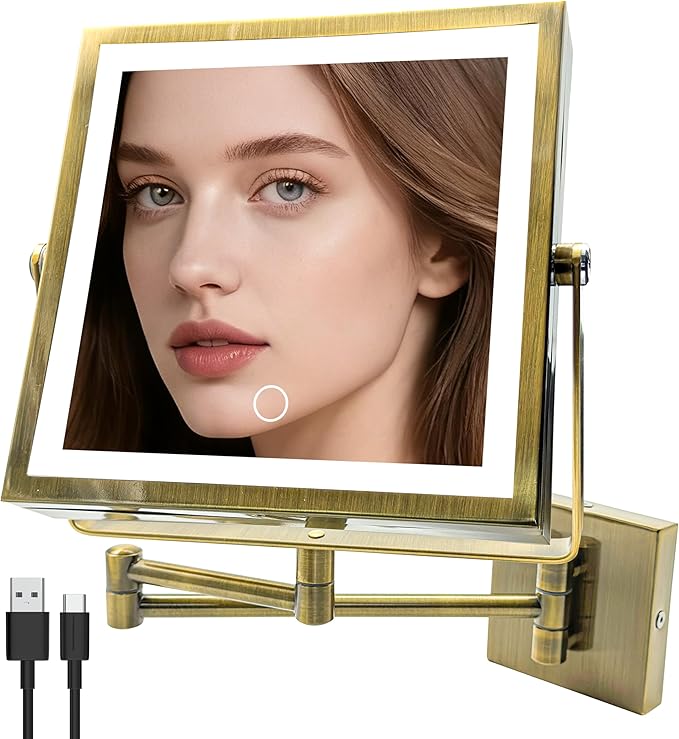 Wall Mounted Lighted Makeup Mirror, Rechargeable Double-Sided 1X/10X Magnifying Mirror with Light, Touch Dimmable 3 Color Lights, 360° Rotation Extendable Arm (Antique Brass)