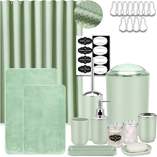 IMAVO Green Bathroom Accessories,Non Slip Absorbent Bathroom Rugs and Waterproof Shower Curtain with Hooks,Complete Bathroom Set for Bathroom Décor