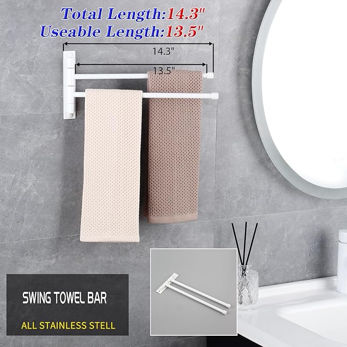 GERZWY Bathroom 2-Arm Swing Arm Towel Bars Wall Mount Stainless Steel Bath Towel Rack Hanger, White