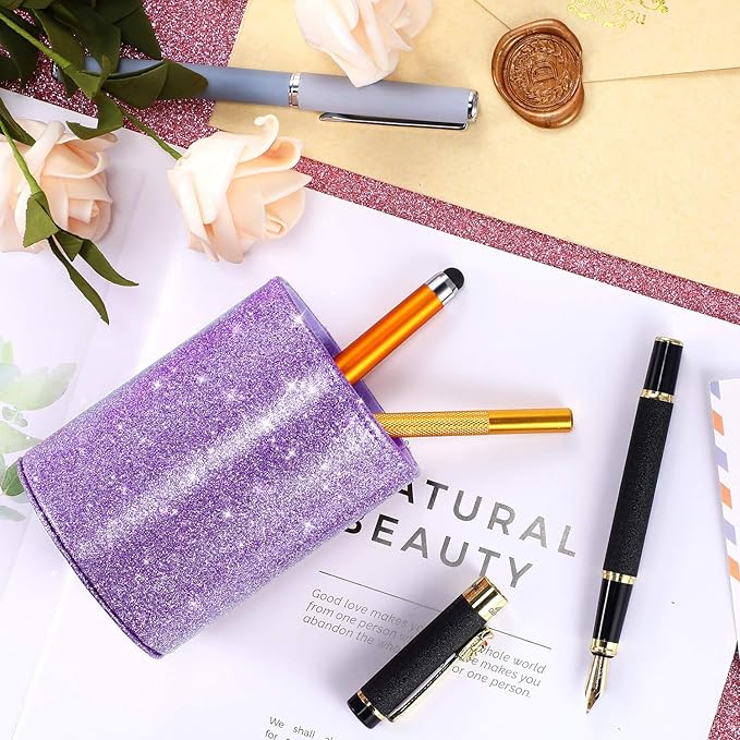 Outus PU Glitter Pen Holder Pencil Cup Shiny for Women Girls, Luxury Makeup Brush Holder Pu Leather Organizer Cup Gift for Desk Office Classroom Home (Purple)
