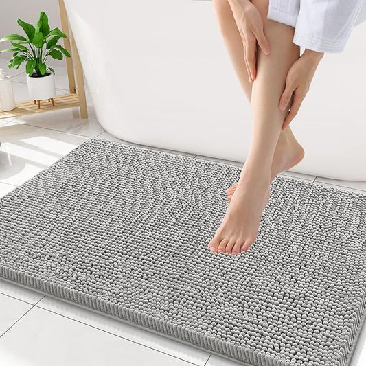 Smiry Luxury Chenille Bathroom Rugs 34x21, Extra Soft and Absorbent Shaggy Bath Mat, Machine Washable, Non-Slip Plush Carpet Runner for Tub, Shower, and Floor, Home Decor Accessories, Light Grey