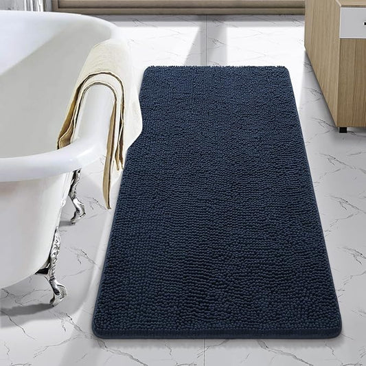 LOCHAS Luxury Bathroom Rug Shaggy Bath Mat 24 x 44 Inch, Washable Non Slip Bath Rugs for Bathroom Shower, Soft Plush Chenille Absorbent Carpets Mats, Navy