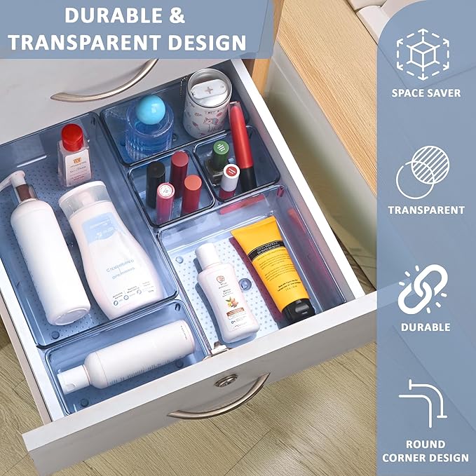 Kuber Industries 12 Pcs Acrylic Transparent Cosmetic Organizer Tray | Drawers Organisers for Kitchen, Office and Bathroom Vanity Makeup | Stationery Storage Drawer Divider Tray | Sea Blue