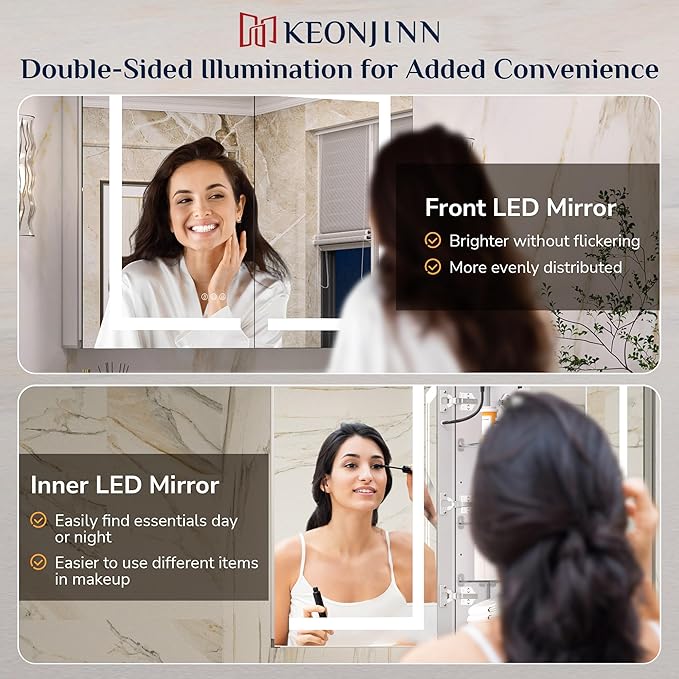 Keonjinn 36x30 Inch Lighted Medicine Cabinet with Mirror, Medicine Cabinet with Lights 3 Color Dimmable with Defogger and Outlets, UL Listed, Tempered Glass Recessed/Wall Mounted Mirror with Storage