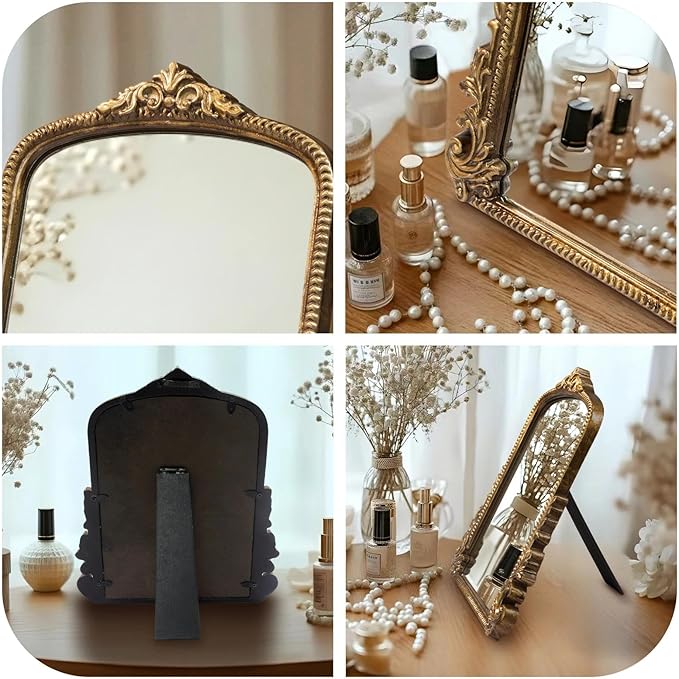 Vintage Gold Makeup Desk Mirror, Antique Traditional Vanity Table Mirror, Small Carved Arched Standing Mirrors, Adjustable Dress-up Mirrors for Tabletop, Standing or Hang, 11.8" L x 9.6" W
