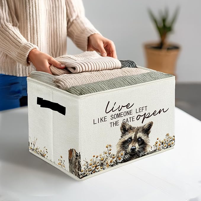 Rustic Raccoon Storage Bins & Boxes with Handles, Farmhouse Raccoon Foldable Basket for Organizing, Live Like Someone Left the Gate Open Collapsible Storage Basket for Bedroom Bathroom Clothes