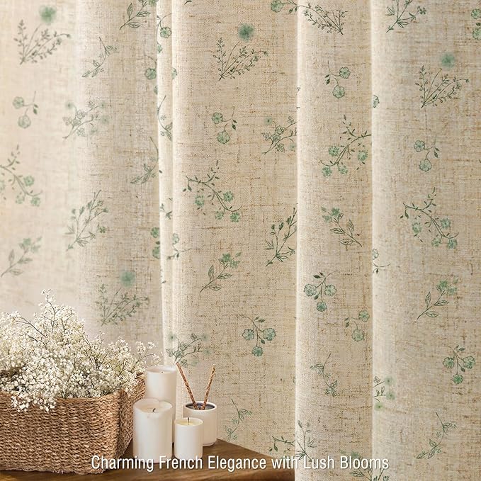 Sage Green Floral Vintage Linen Shower Curtain, French Country Shower Curtains for Bathroom, 72Wx72H