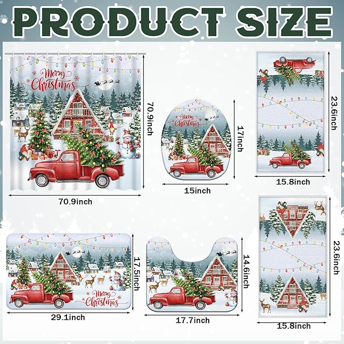 Nuanchu 6 Pcs Christmas Shower Curtain Bathroom Set with Bath Mat Red Truck with Christmas Tree U Shaped Mat Toilet Cover 2 Bath Towels and 12 Hooks Bathroom Decor Set, 71 x 71 Inch
