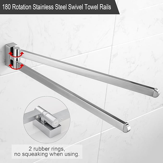 BGL Swivel Towel Bar Brushed Nickel,Two Arms Wall Mount Towel Hanger Holder for Bathroom Organizer