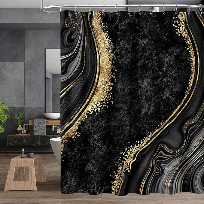 4PCS Black Gold Marble Shower Curtain Sets with Rugs, Abstract Bathroom Sets with Shower Curtain and Rugs, Modern Bathroom Curtains Shower Set with Accessories for Bathroom Decor