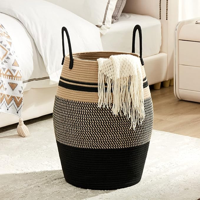 105L Extra Large Laundry Hamper Basket by Fiona's magic, Woven Tall Clothes Hamper for Storage Blanket, Toys and Dirty Cothes in Bedroom and Living Room Organizer, Brown & Black