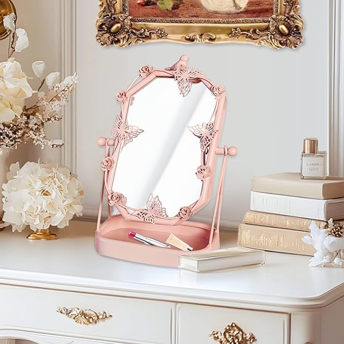 HSDDHOME Vintage Pink Gold Tabletop Makeup Mirror, Bird & Butterfly Decorative Vanity Mirror, 12.8” x 8.2” Retro Metal Standing Mirror for Dresser, Bedroom, and Bathroom (Pink)