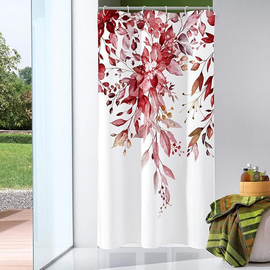 Gibelle Small Stall Shower Curtain 36 x 72, Narrow Half Burgundy Red Floral Shower Curtain for Bathroom, Watercolor Plant Eucalyptus Leaves Fabric Shower Curtain Set