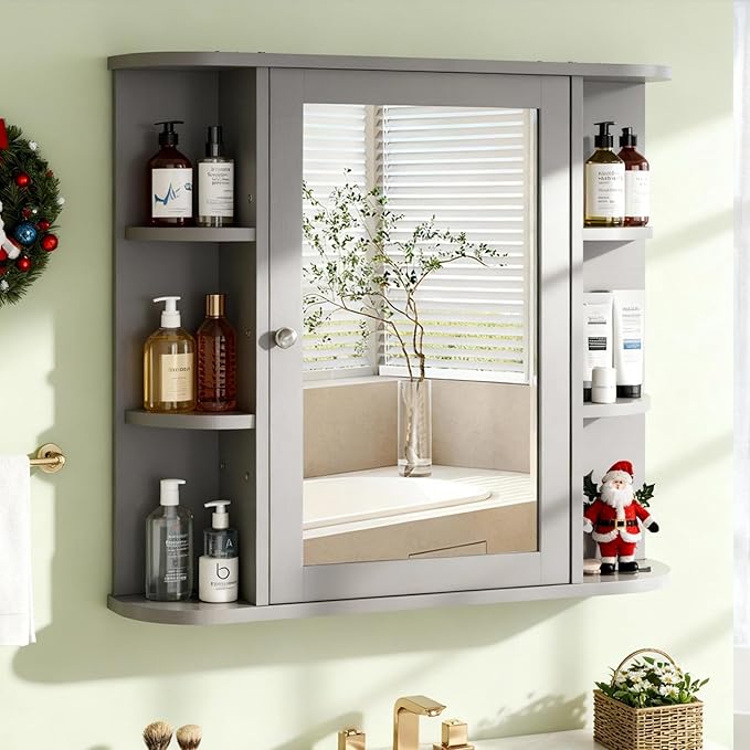 DL-win Bathroom Medicine Cabinet with Mirror, Wall Mounted Home Storage with Door, Over The Toilet Space Saver Storage Cabinet, Bathroom Cabinet Wall Mounted, Grey