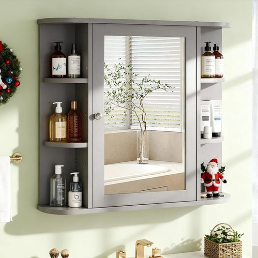 DL-win Bathroom Medicine Cabinet with Mirror, Wall Mounted Home Storage with Door, Over The Toilet Space Saver Storage Cabinet, Bathroom Cabinet Wall Mounted, Grey
