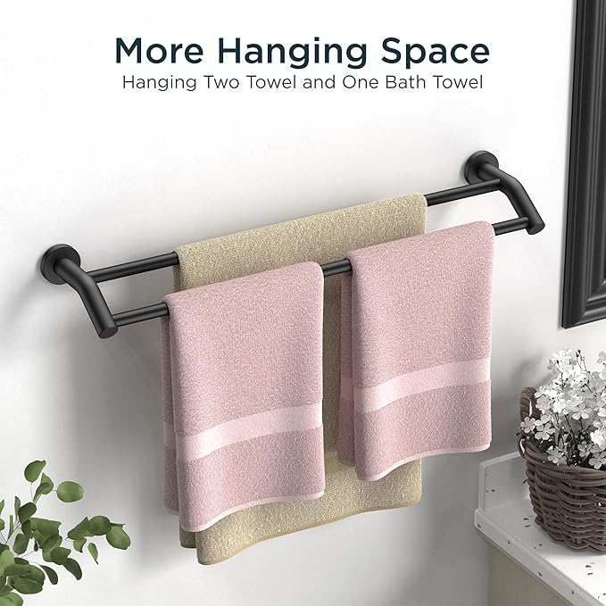 FORIOUS Double Towel Bar 24 Inch, Heavy Duty SUS304 Stainless Steel Dual Towel Racks for Bathroom Wall Mount, Space Saving Towel Rod Towel Holder Rail, Matte Black