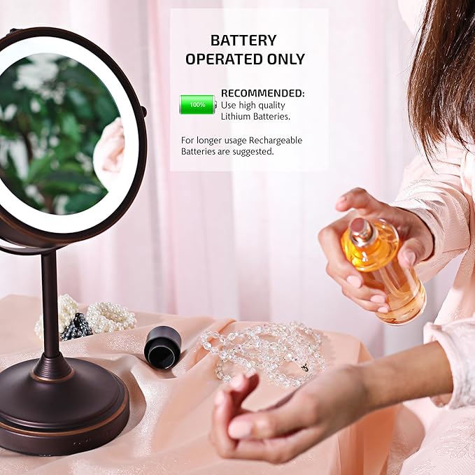 OVENTE 7'' Lighted Makeup Mirror with 1X/7X Magnification, Cordless Tabletop Mount Vanity Mirror with 360° Swivel Design & Double Sided Glow Cosmetic White LED Ring Light, Antique Bronze MCT70ABZ1X7X