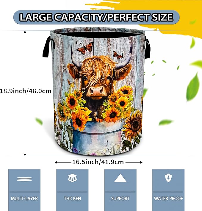 NUTAINLA Highland Cow Sunflower Laundry Basket Animal Foldable Oxford Cloth Funny Tote Bag Laundry Hamper Clothes Storage Bucket Toy Organizer For Bathroom/Laundry Storage/Bedroom 18.9x16.5 Inch