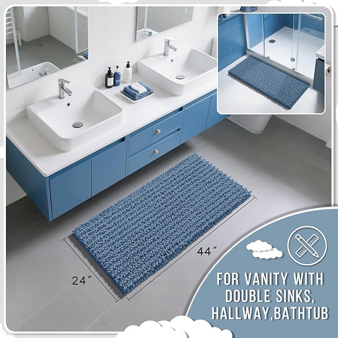 Yimobra Long Bathroom Rugs Non Slip Washable 44x24 Inch - Ultra Soft Absorbent Bath Mat, Quick Dry Shaggy Floor Carpet for Tub Shower, Denim Blue Home Decor Accessories