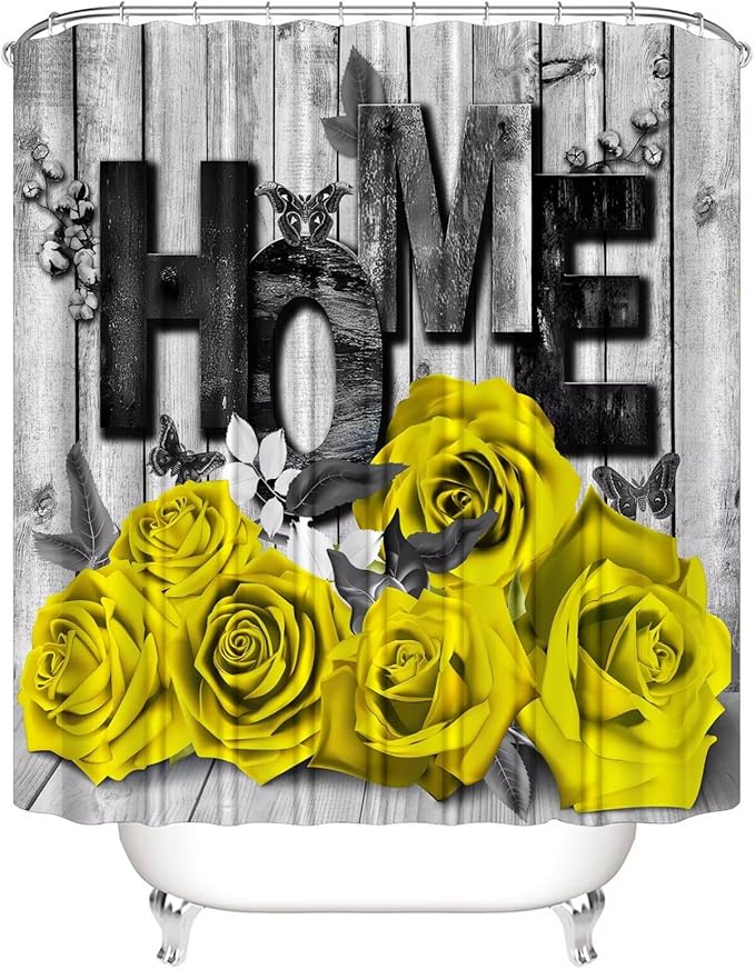 Yddsky Yellow Rose Valentines 4 Pcs Shower Curtain Sets Non-Slip Rugs Bath Mat Toilet Cover U Shaped Mat Romantic Yellow Bathroom Decor with 12 Hooks Valentines Day Bathroom Set