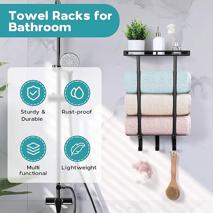 Wall Mounted Towel Racks for Bathroom, Onader 15 Inch Black Bath Towel Holder with Metal Shelf and 3 Hooks