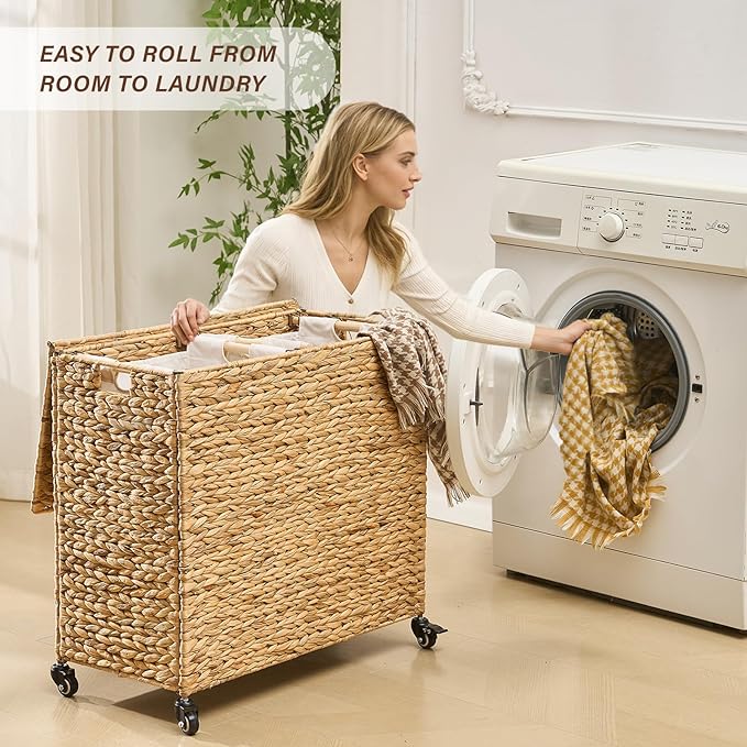 Hand-Woven Laundry Basket with Wheels, Natural Water Hyacinth Laundry Hamper with Lid, Removable & Machine-Washable Liner,2-Section Clothes Hamper for Bathroom and Laundry Room(120L,Natural)