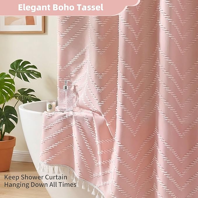 Small Stall Boho Pink Shower Curtain Woven Fabric 36 x 72 Half Size Tufted Chevron Striped Textured Modern Farmhouse Minimalist Shower Curtain for Bathroom