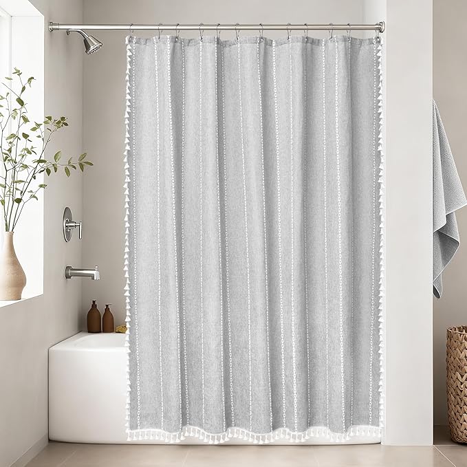 72 x 84 inch Extra Long Boho Chic Shower Curtain Heavyweight with Tassels, Grey Linen Textured Fabric Farmhouse Shower Curtain, Elegant Gray & White Striped Bathroom Curtain Water Repellent