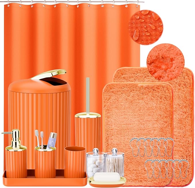 XLHOMO 24 PCS Orange Bathroom Accessories Set with Shower Curtain and Rugs, Bathroom Sets with Extra Soft and Absorbent Bath Rugs Shower Curtain Orange Bathroom Accessory for Bath