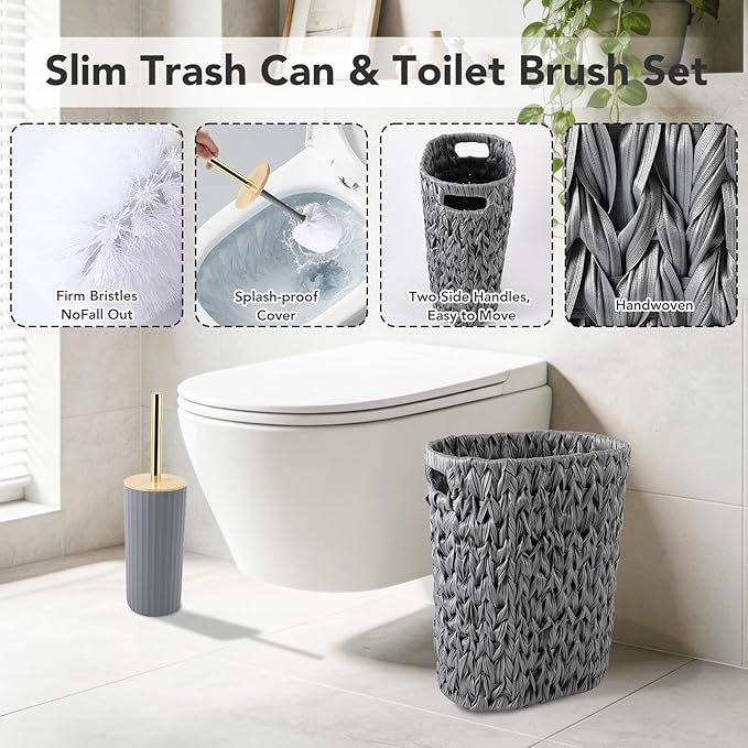 Bathroom Accessories Set, 25PCS Wicker Bathroom Accessory Set with Shower Curtain, Bath Mat, Soap Dispenser, Handwoven Trash Can & Ratten Tissue Box (Grey, Bath Set+Shower Curtain+Rugs)
