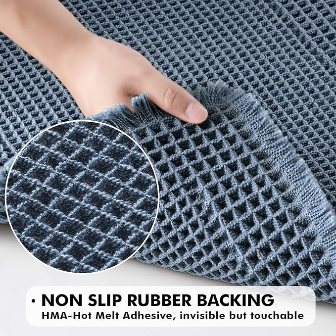 MIULEE Set of 2 Waffle Bathroom Rugs, Boho Bath Rug Super Absorbent, Non Slip Washable Ultra Soft Rubber Backed Shower Bath Mats for Floor, Tub, Shower, Bordered Design, Blue, 18x30 Inch