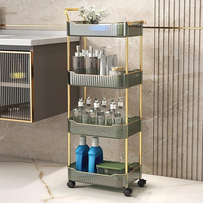 Acrylic Storage Trolley, Laundry Room Organization Mobile Shelves Bathroom Kitchen Rolling Utility Cart with Handle and Lockable Wheel(Green,14.1x10.2x37.4inch)