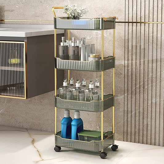 Acrylic Storage Trolley, Laundry Room Organization Mobile Shelves Bathroom Kitchen Rolling Utility Cart with Handle and Lockable Wheel(Green,14.1x10.2x37.4inch)