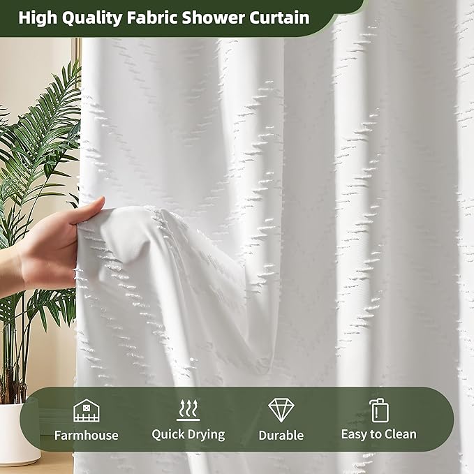 White Shower Curtain Fabric Boho Shower Curtain Cloth Textured Tufted Chevron Elegant Shower Curtains Waterproof for Bathroom 72" x 72"