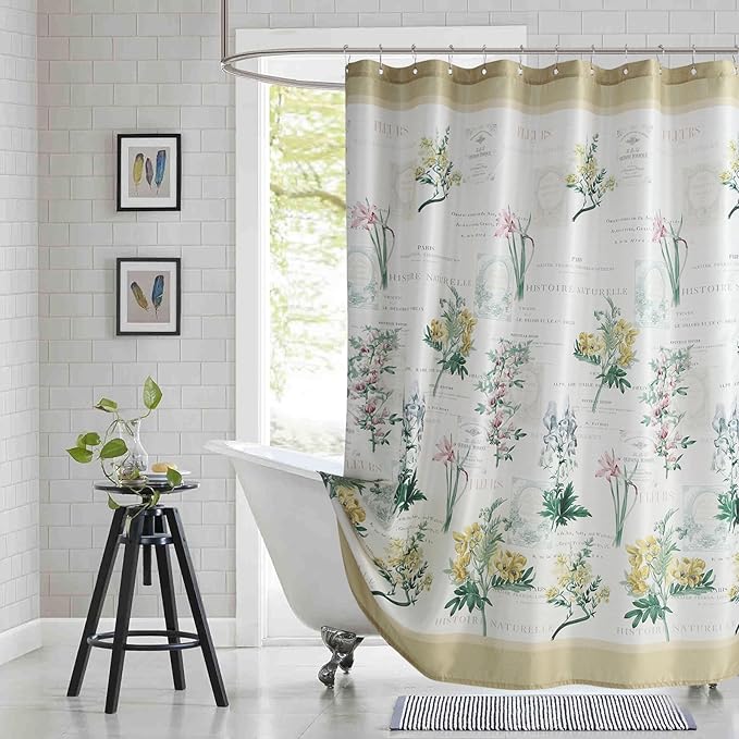Extra Long Fabric Shower Curtain, Country Vintage Floral Shower Curtain, Gold and Green Flower Shower Curtains for Bathroom, Waterproof Bathroom Curtains, 72" W x 84" H