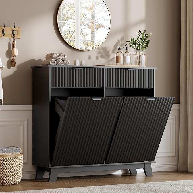 Double Tilt Out Laundry Hamper Cabinet, 20 Gallon Wooden Trash Can Cabinet with Storage Drawers, Hidden Fluted Garbage Can Holder for Kitchen, Living Room (Black, 39.34" W x 35.83" H x 13" D)